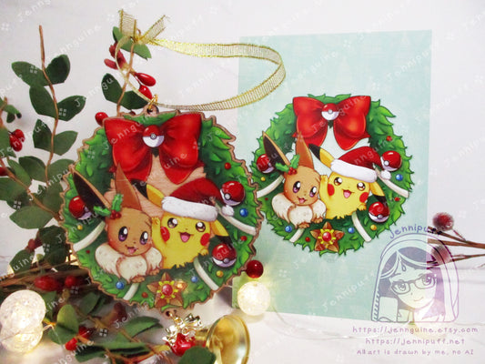 Wooden Christmas Ornament - Pikachu Eevee Wreath