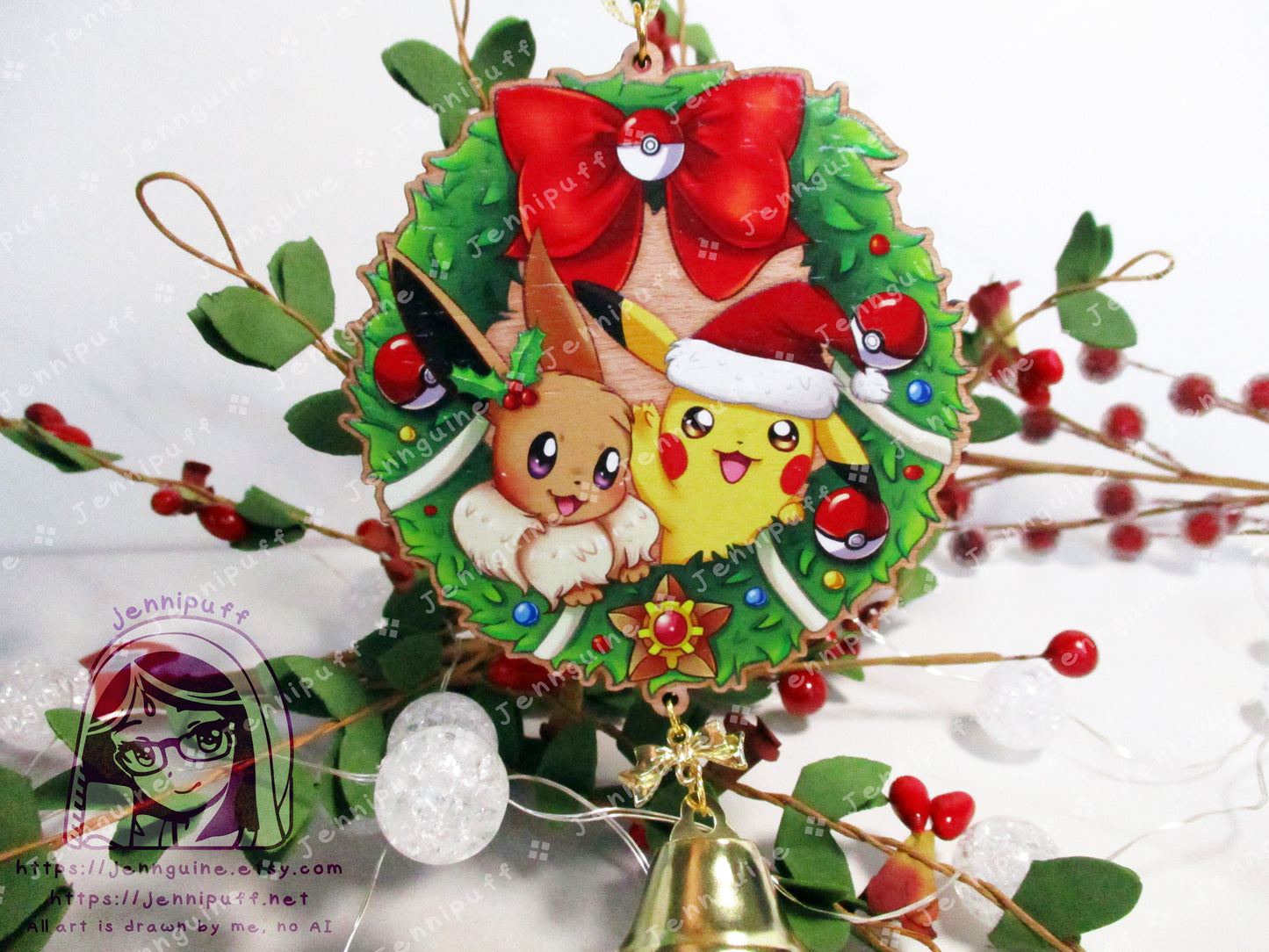 Wooden Christmas Ornament - Pikachu Eevee Wreath