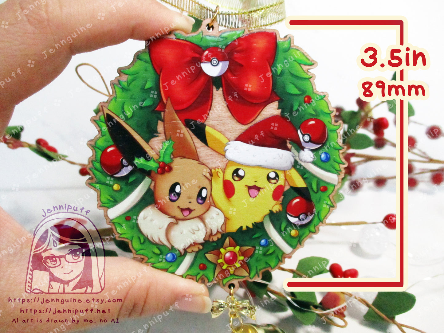 Wooden Christmas Ornament - Pikachu Eevee Wreath