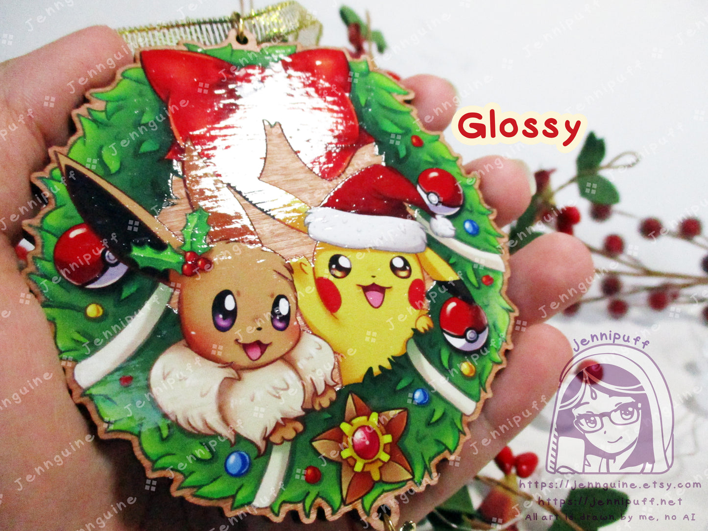 Wooden Christmas Ornament - Pikachu Eevee Wreath