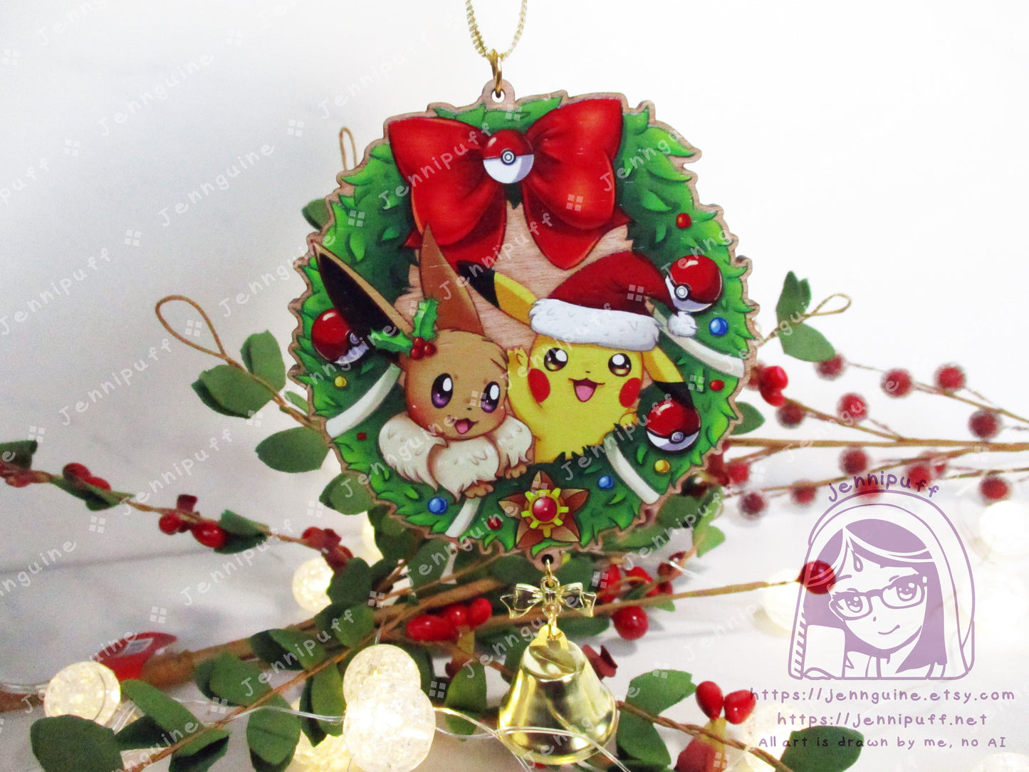 Wooden Christmas Ornament - Pikachu Eevee Wreath