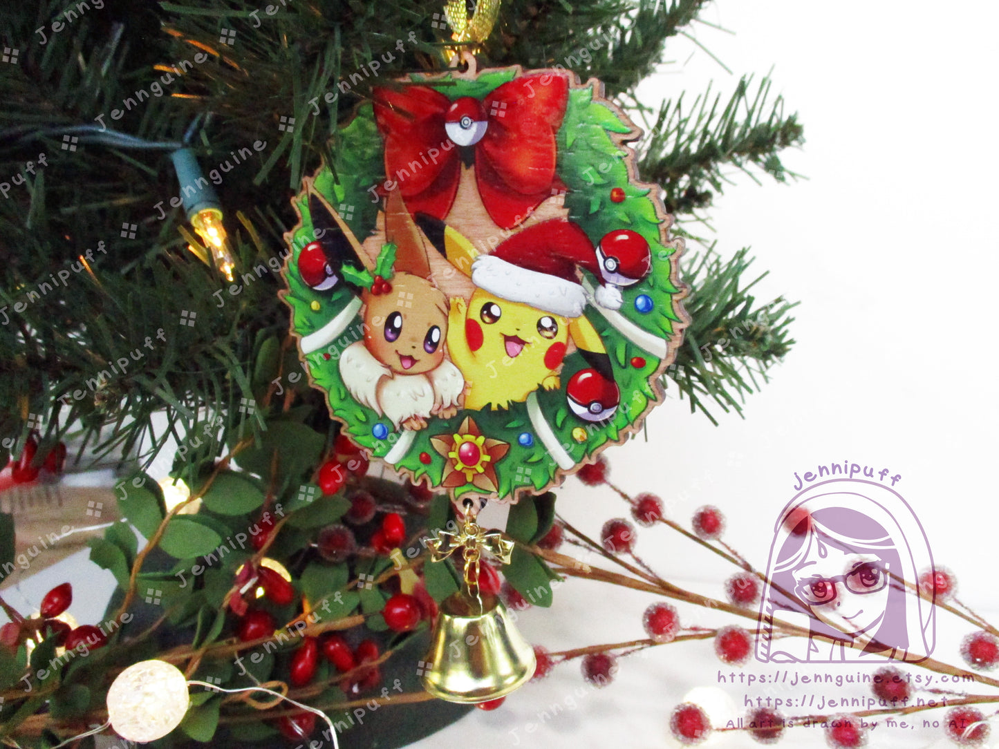 Wooden Christmas Ornament - Pikachu Eevee Wreath