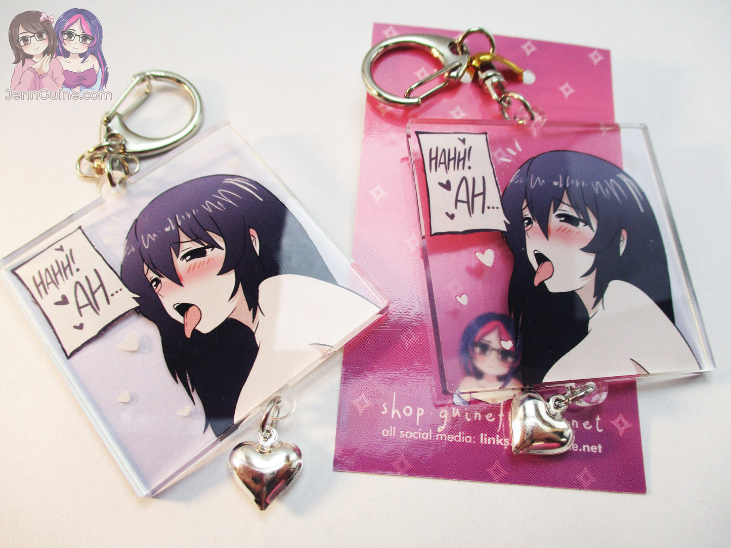 Sexy Lewd Hentai Doujin Panel Double Sided 2.5in Acrylic Square Keychain with Metal Heart Charm