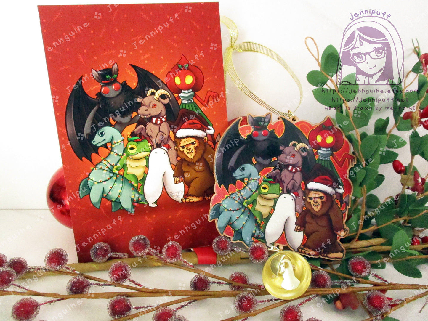 Cryptids Wooden Christmas Ornament | Includes 4x6in Print | Mothman,Loch Ness,Bigfoot,Sasquatch,Nightcrawler,Jersey Devil,Flatwoods Monster