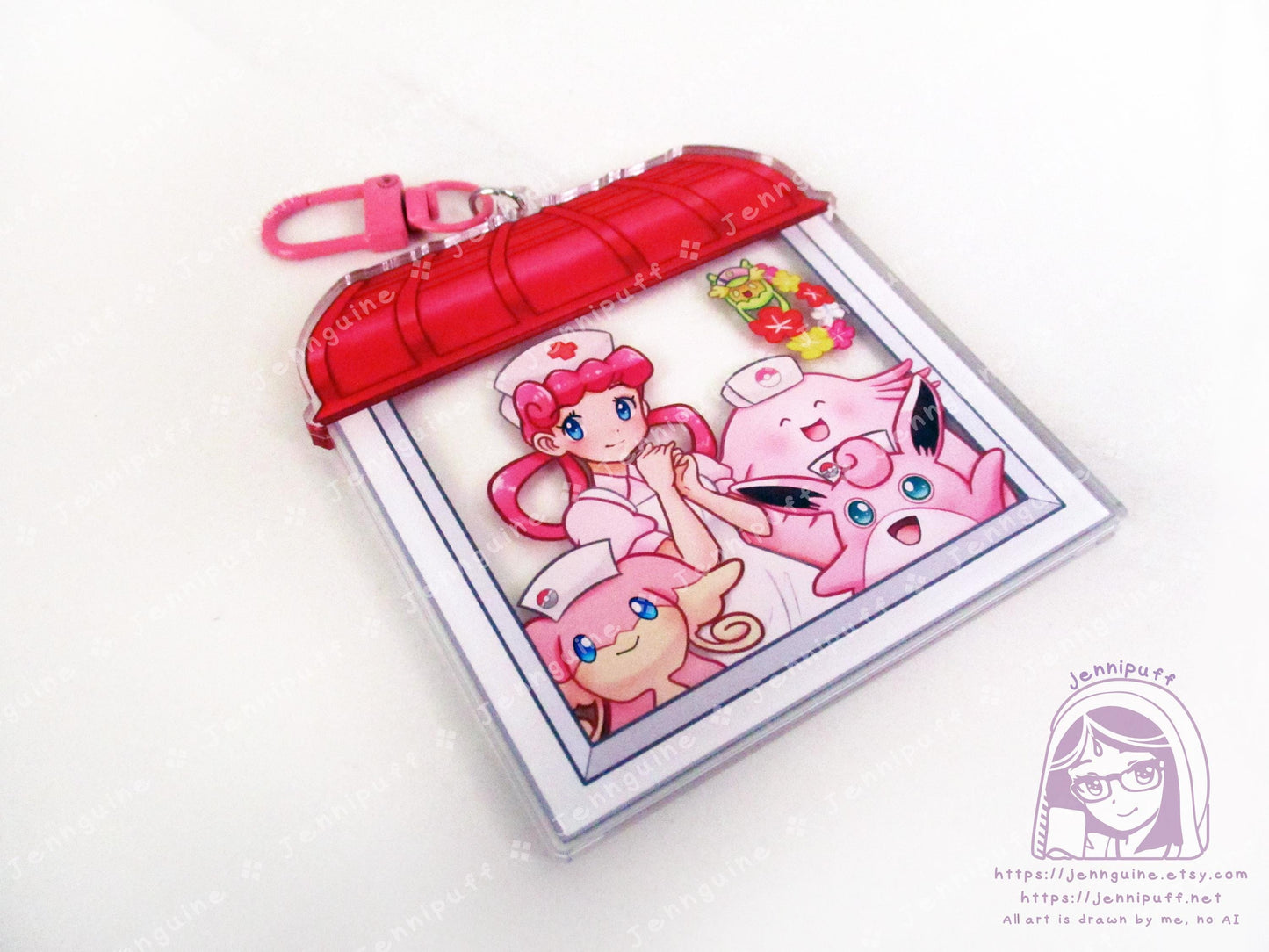 Nurse Jóy and PKMN Center Nurse Pokes | Oversize Double Sided 3in Acrylic Keychain | Gift for Poke and Anime Fan Nerd Kawaii Video Game TCG