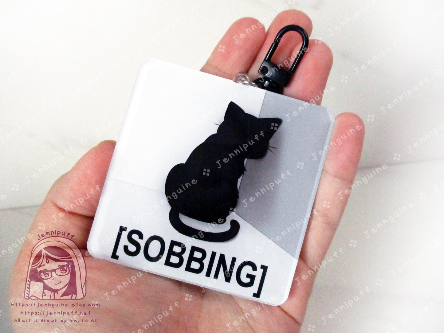 Sobbing Black Cat Meme Crying Cat Sad Cat | Oversize Double Sided 3in Acrylic Keychain | Gift for Cat Feline Pet Anime Fan Geek Nerd Kawaii