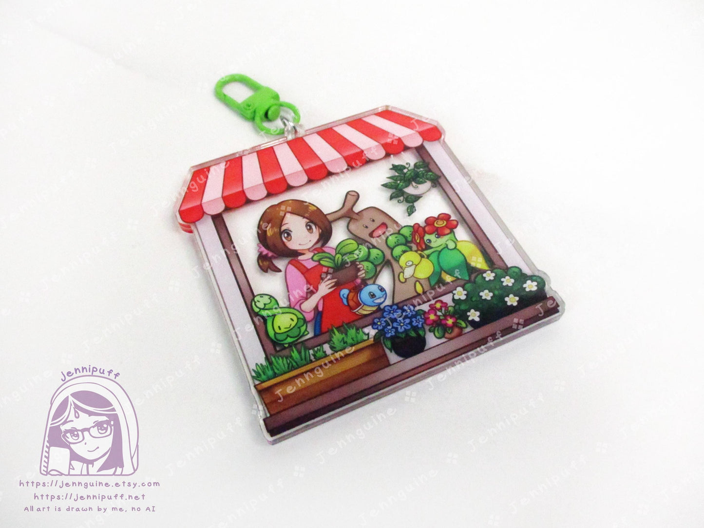 Flower Shop Lady and Grass PKMN | Oversize Double Sided 3in Acrylic Keychain | Gift for Poke and Anime Fan Nerd Kawaii Video Game TCG