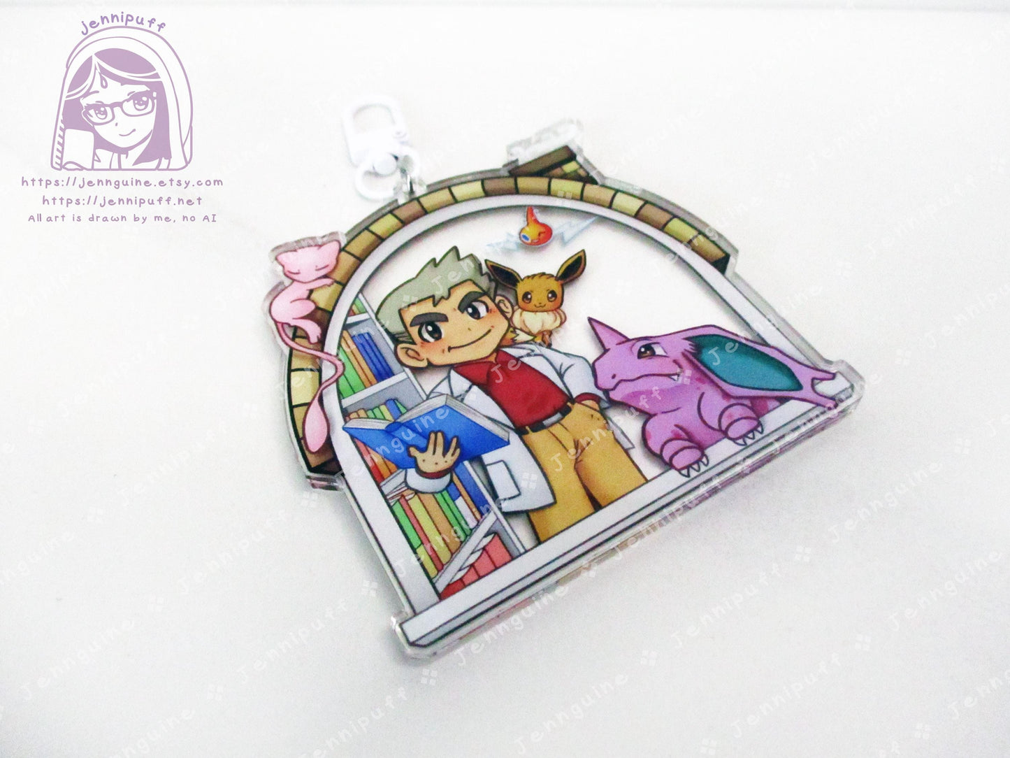Próf Óäk with Mew Rótóm NÎdórínó Êèvèè | Oversize Double Sided 3in Acrylic Keychain | Gift for Poke and Anime Fan Nerd Kawaii Video Game TCG