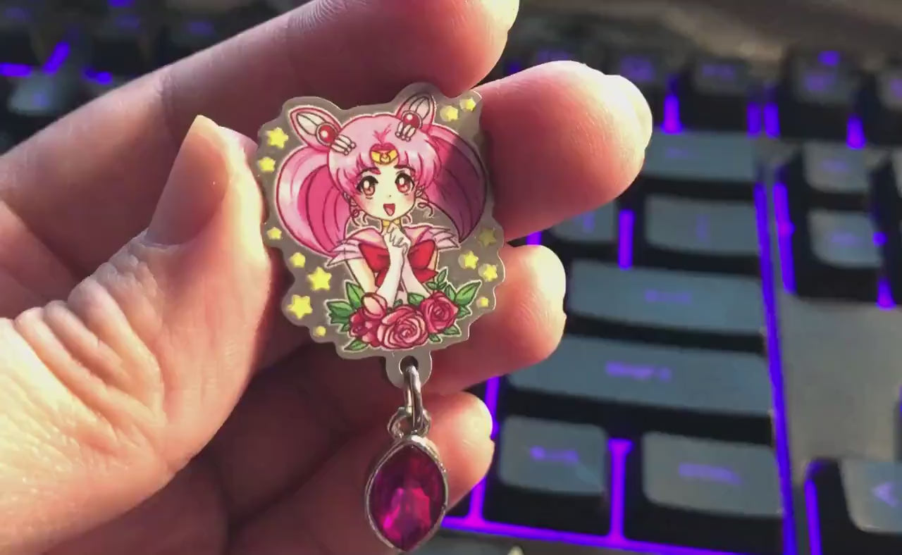 Mini M00n Ch!biusa Eco Stainless Steel Metal Pin with Pink Crystal - Not Enamel Pin - Limited Qty - Please read description