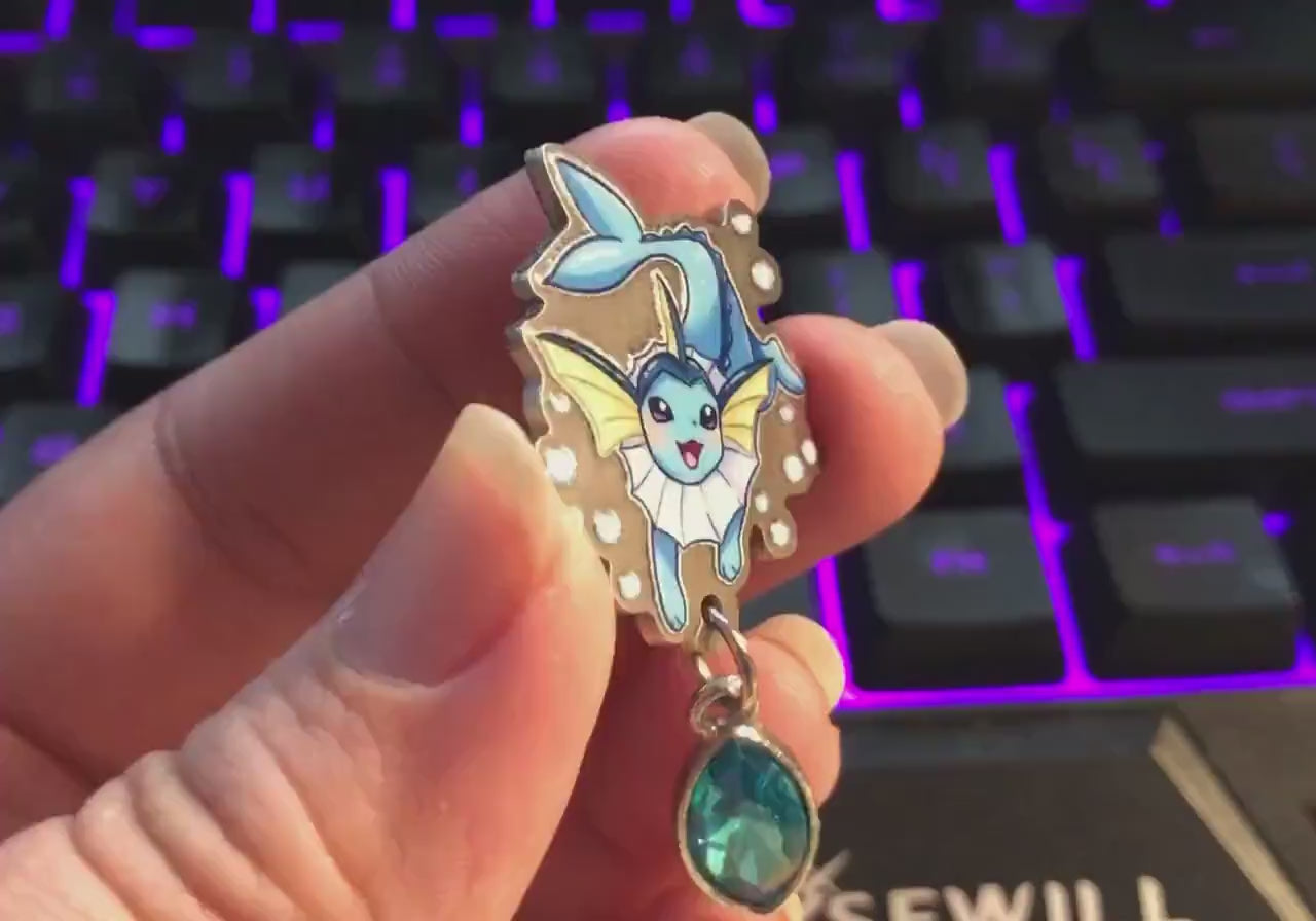Vaporeon Eco Stainless Steel Metal Pin with Blue Crystal - Not Enamel Pin - Limited Quantity - Please read description