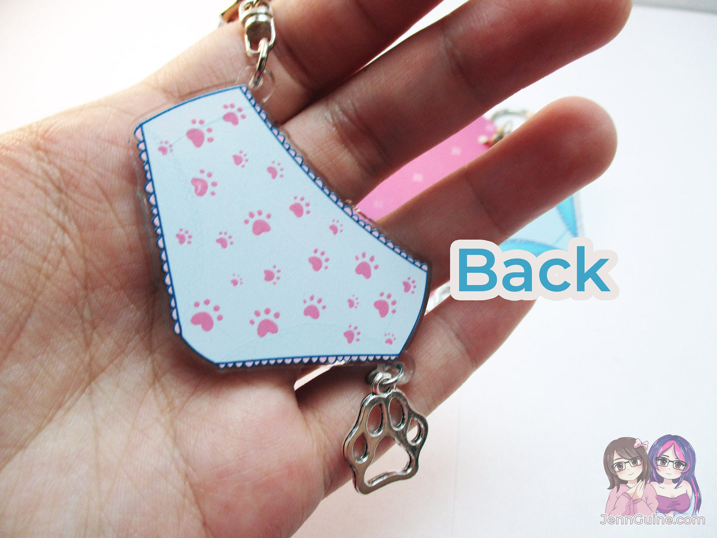 Cute Kawaii Lewd Panties "Eat Meowt" Double Sided 2.5in Acrylic Panty Keychain with Metal Pawprint Charm