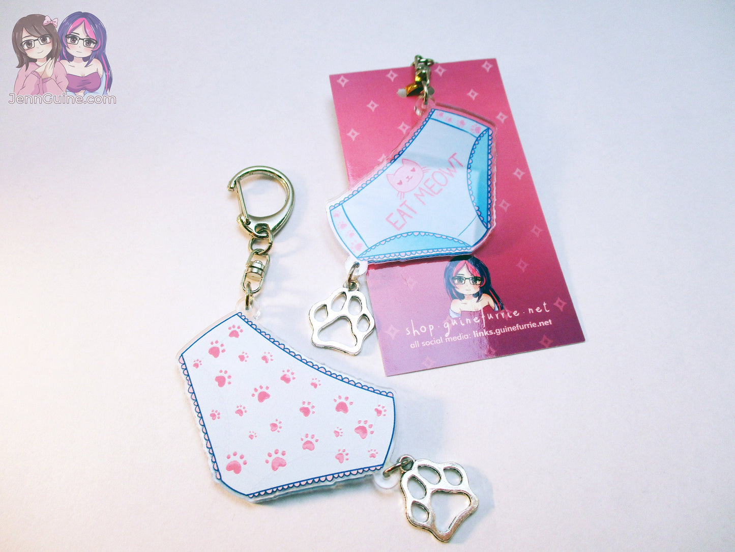 Cute Kawaii Lewd Panties "Eat Meowt" Double Sided 2.5in Acrylic Panty Keychain with Metal Pawprint Charm