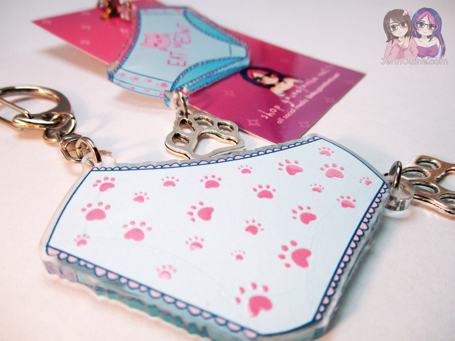 Cute Kawaii Lewd Panties "Eat Meowt" Double Sided 2.5in Acrylic Panty Keychain with Metal Pawprint Charm