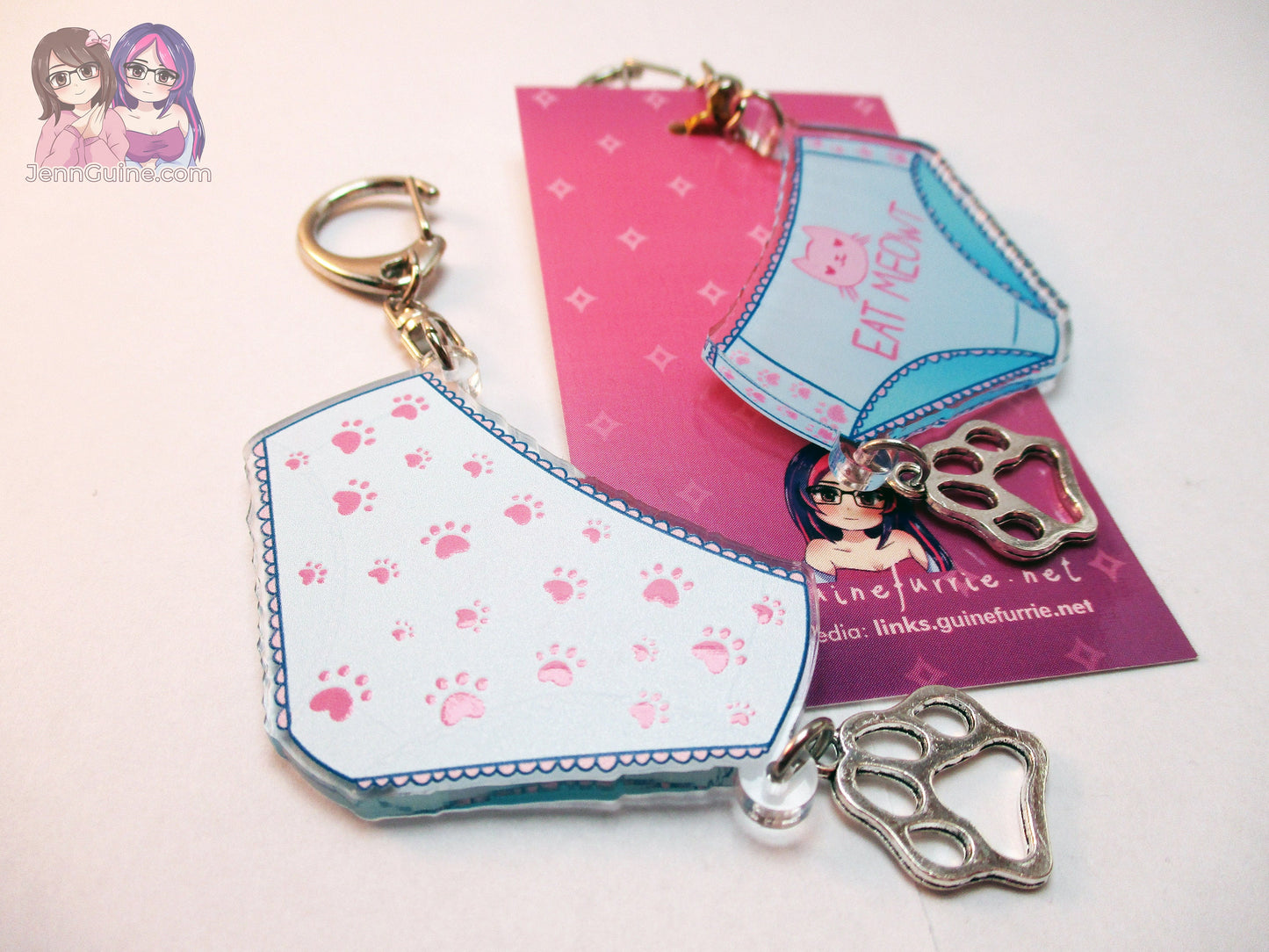 Cute Kawaii Lewd Panties "Eat Meowt" Double Sided 2.5in Acrylic Panty Keychain with Metal Pawprint Charm