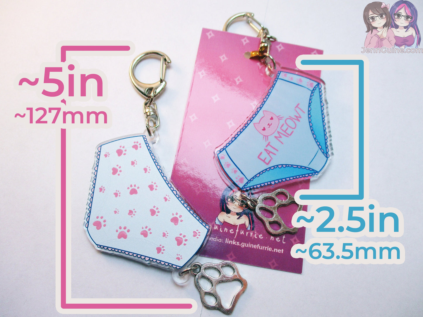 Cute Kawaii Lewd Panties "Eat Meowt" Double Sided 2.5in Acrylic Panty Keychain with Metal Pawprint Charm