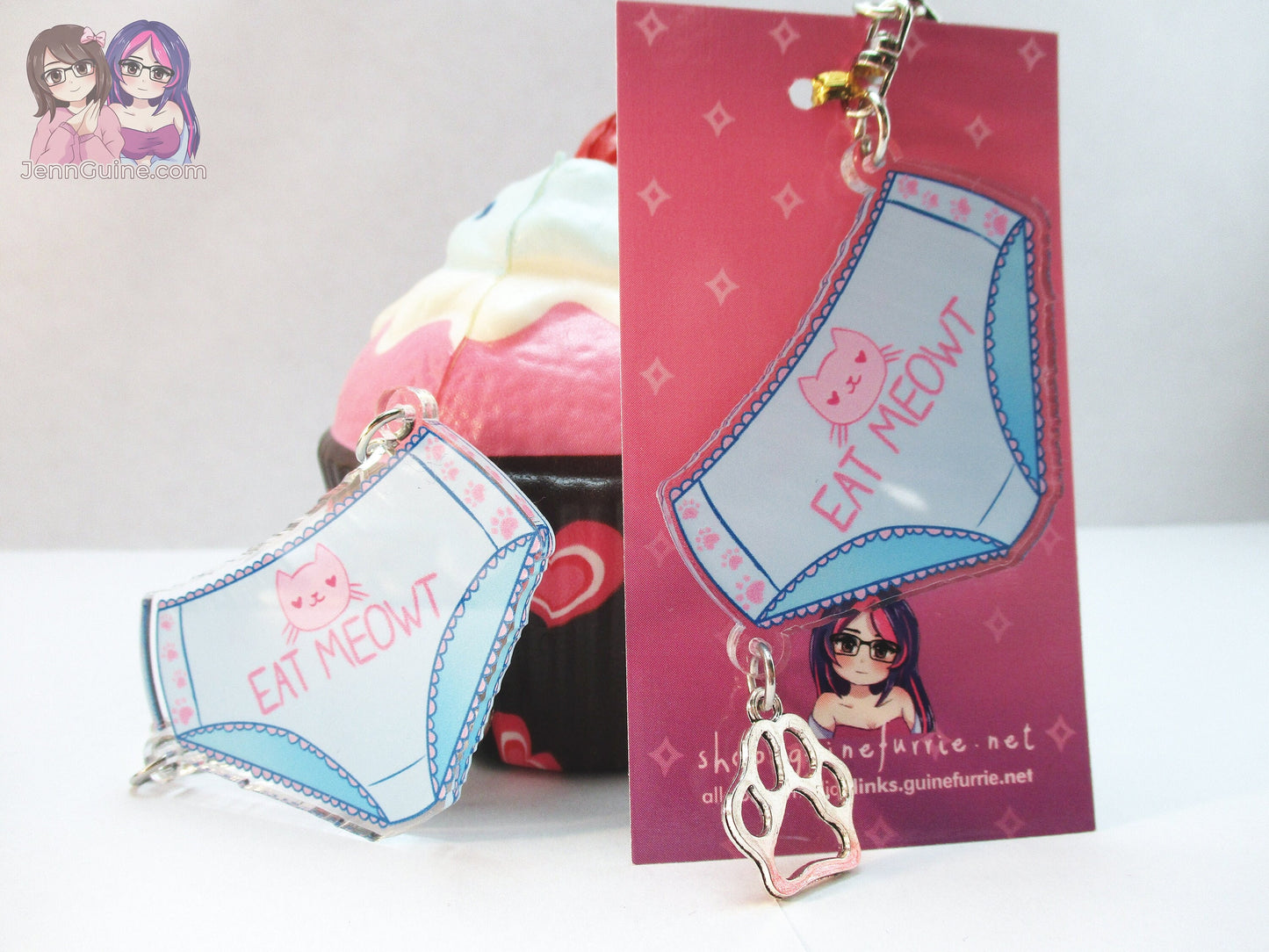 Cute Kawaii Lewd Panties "Eat Meowt" Double Sided 2.5in Acrylic Panty Keychain with Metal Pawprint Charm