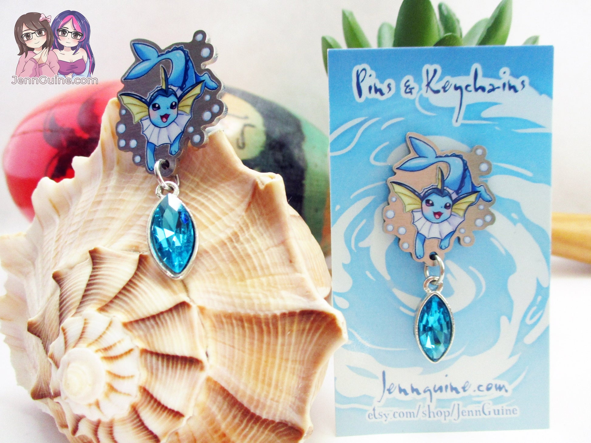 Vaporeon Eco Stainless Steel Metal Pin with Blue Crystal - Not Enamel Pin - Limited Quantity - Please read description