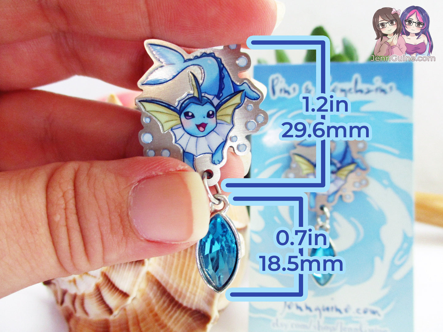 Vaporeon Eco Stainless Steel Metal Pin with Blue Crystal - Not Enamel Pin - Limited Quantity - Please read description