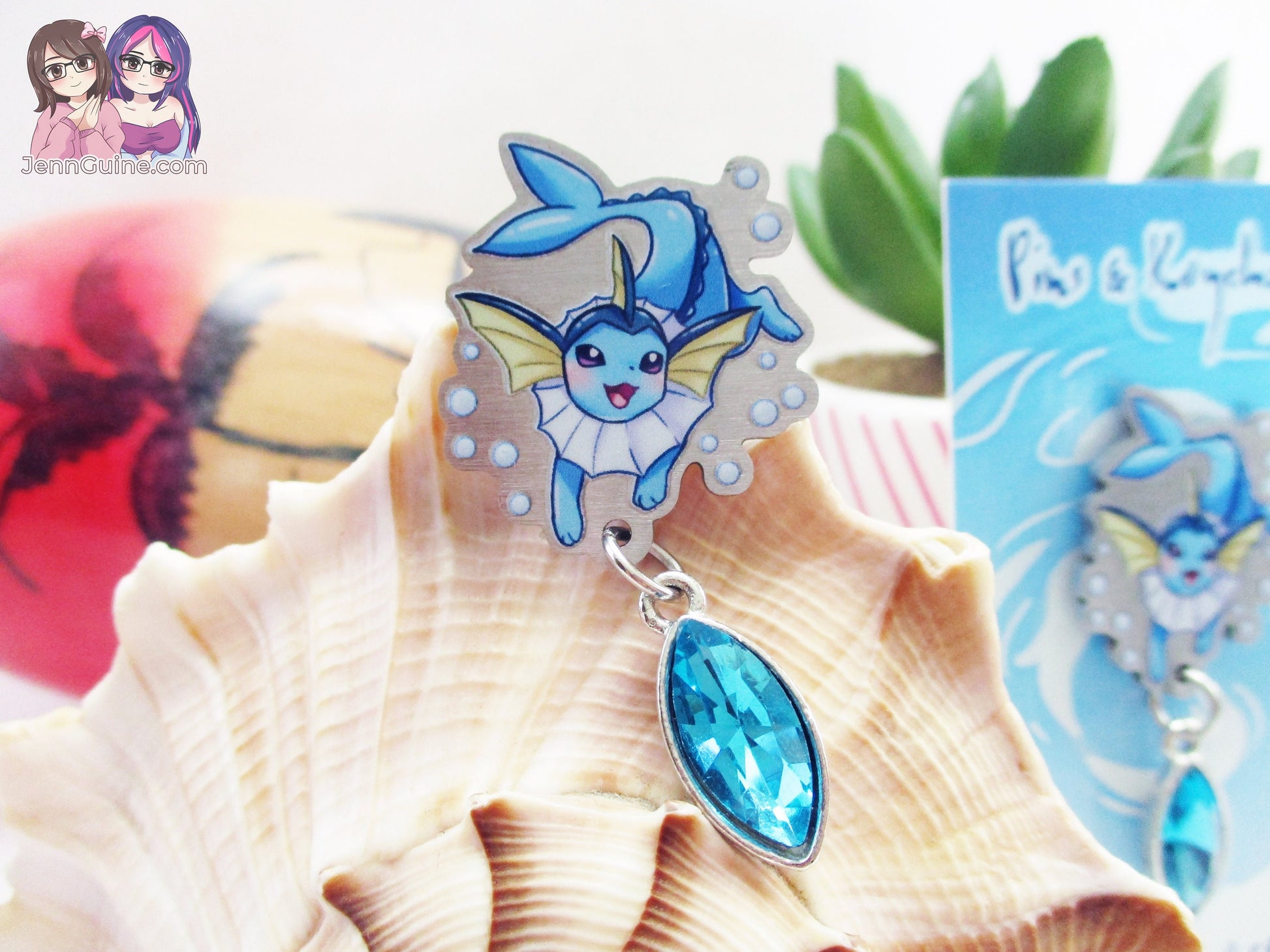 Vaporeon Eco Stainless Steel Metal Pin with Blue Crystal - Not Enamel Pin - Limited Quantity - Please read description