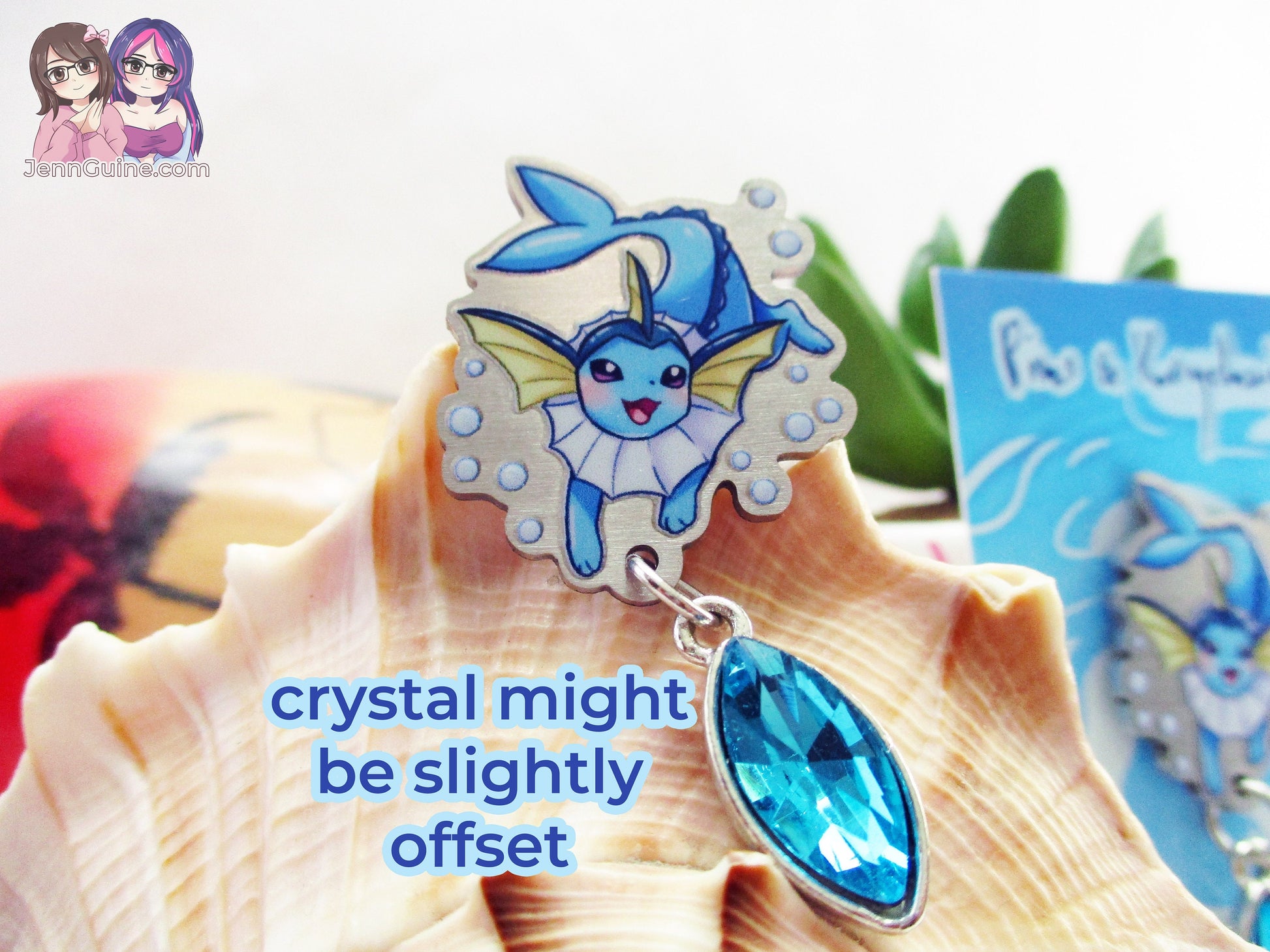 Vaporeon Eco Stainless Steel Metal Pin with Blue Crystal - Not Enamel Pin - Limited Quantity - Please read description
