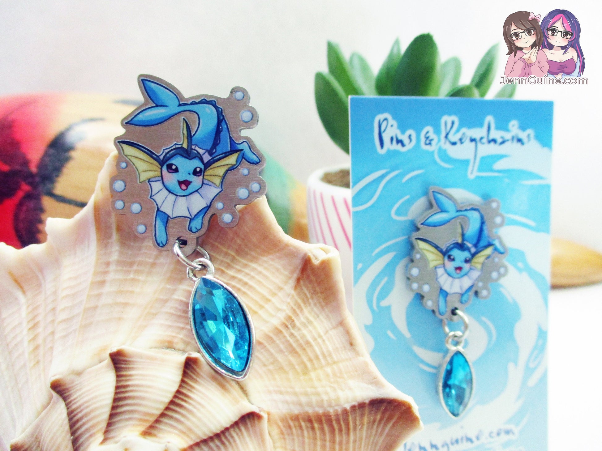 Vaporeon Eco Stainless Steel Metal Pin with Blue Crystal - Not Enamel Pin - Limited Quantity - Please read description