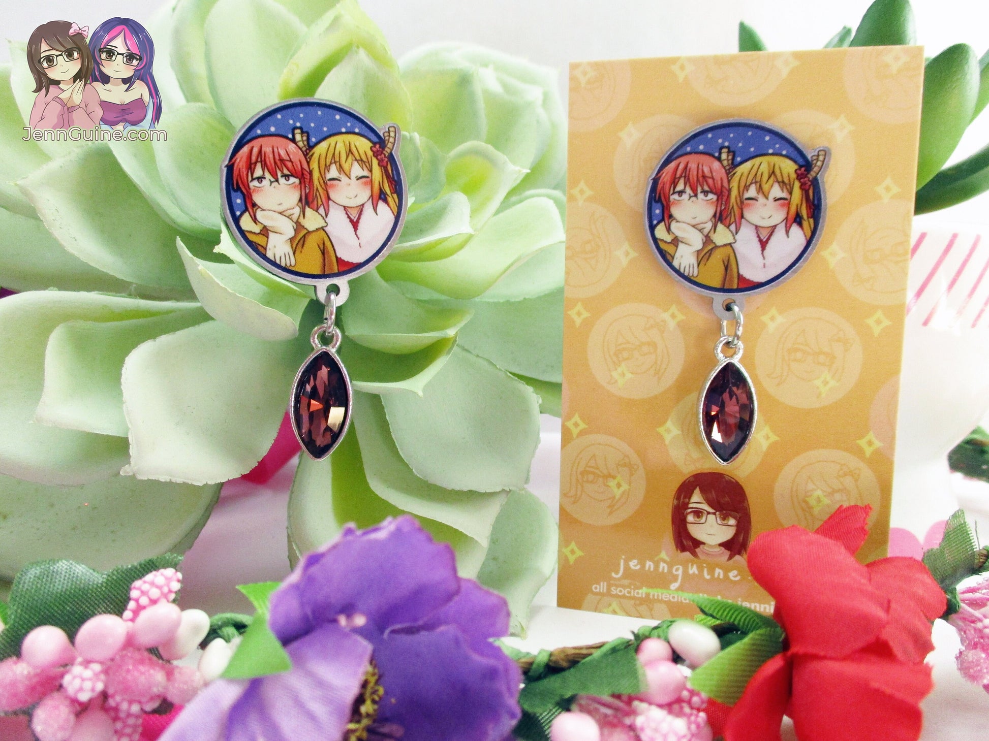 Tohru and Miss Kobayashi Eco Stainless Steel Metal Pin with Brown Crystal - Not Enamel Pin - Limited Qty - Please read description