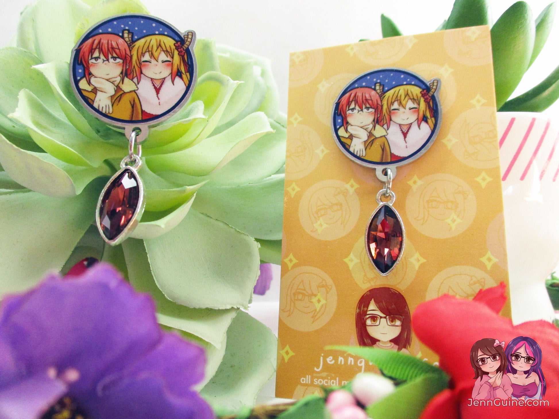 Tohru and Miss Kobayashi Eco Stainless Steel Metal Pin with Brown Crystal - Not Enamel Pin - Limited Qty - Please read description