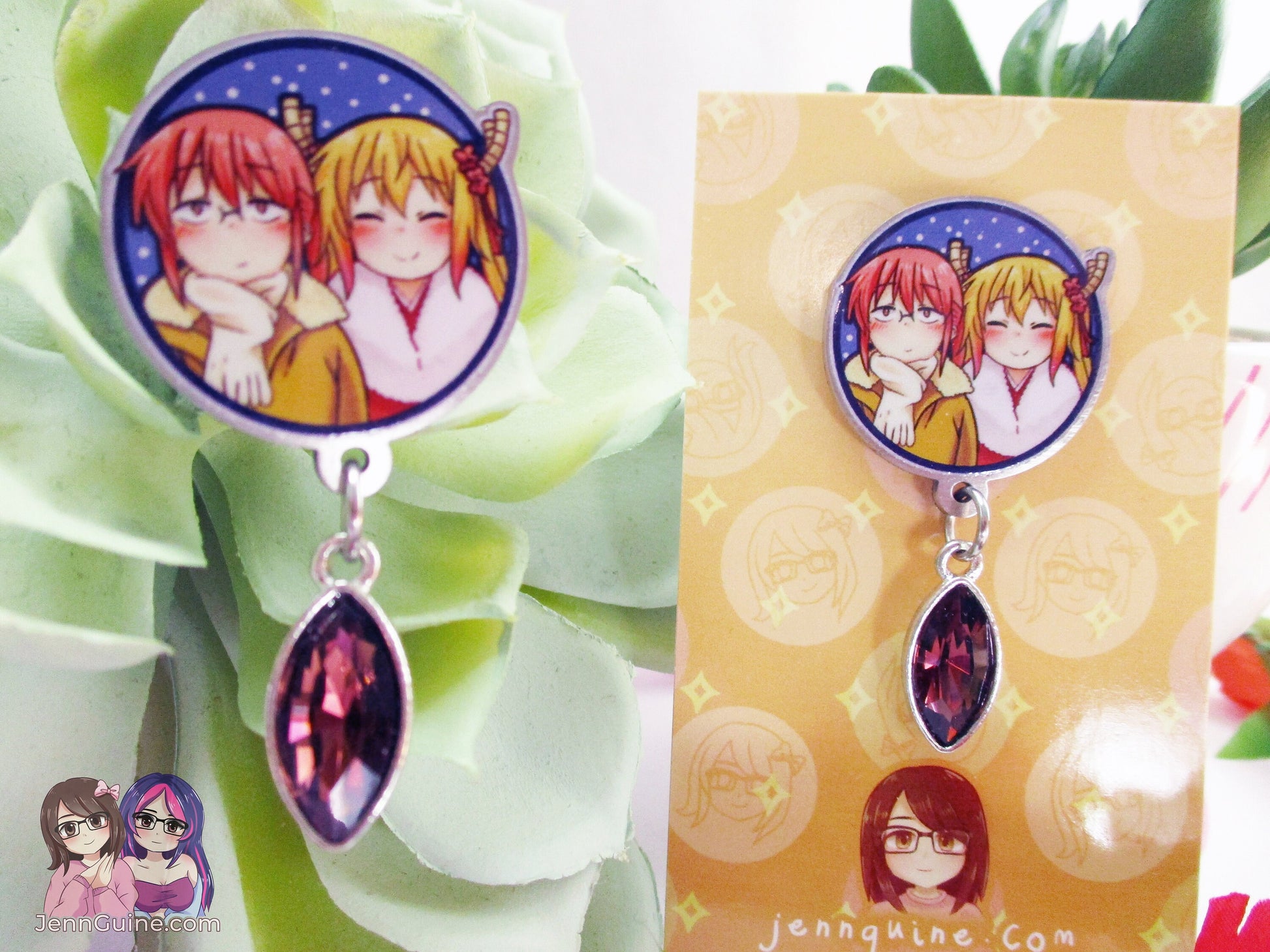Tohru and Miss Kobayashi Eco Stainless Steel Metal Pin with Brown Crystal - Not Enamel Pin - Limited Qty - Please read description