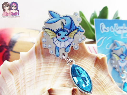 Vaporeon Eco Stainless Steel Metal Pin with Blue Crystal - Not Enamel Pin - Limited Quantity - Please read description