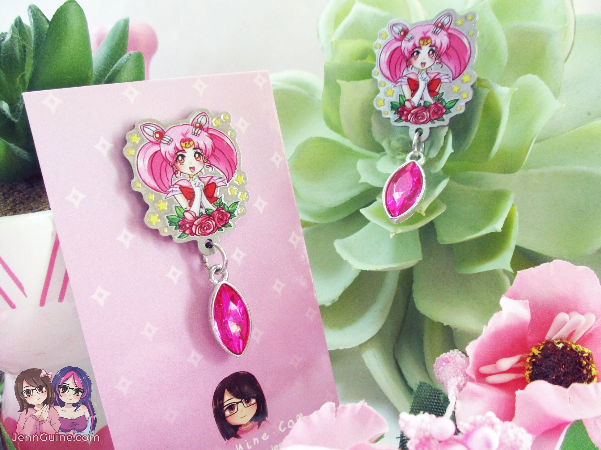 Mini M00n Ch!biusa Eco Stainless Steel Metal Pin with Pink Crystal - Not Enamel Pin - Limited Qty - Please read description