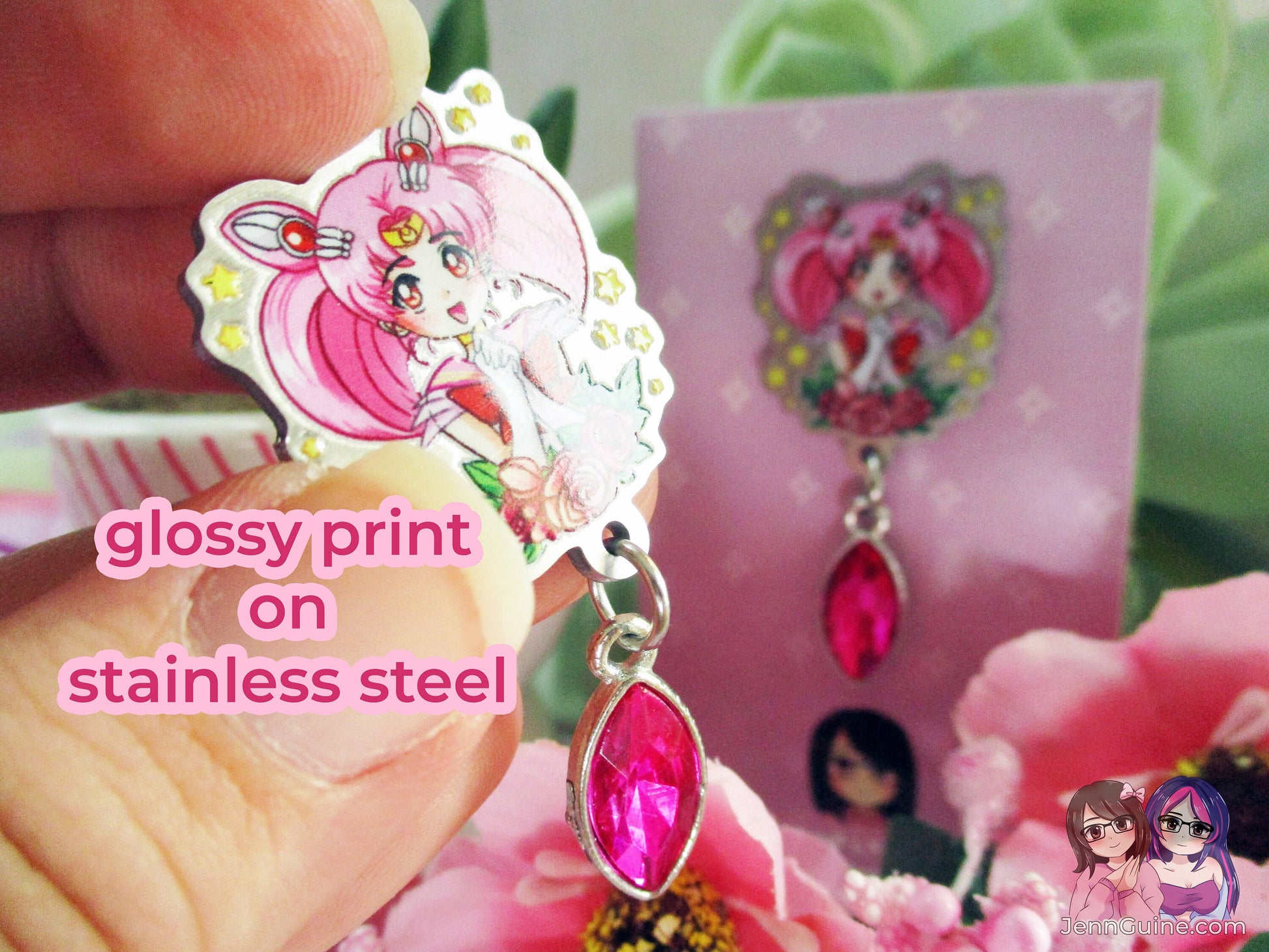 Mini M00n Ch!biusa Eco Stainless Steel Metal Pin with Pink Crystal - Not Enamel Pin - Limited Qty - Please read description