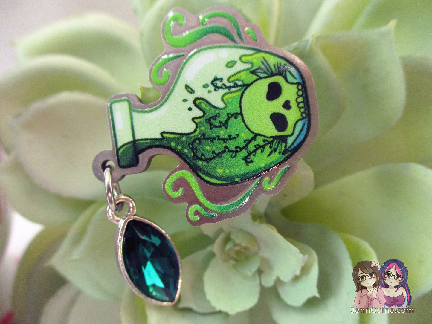 Poison Potion Eco Stainless Steel Metal Pin with Green Crystal Not Enamel Pin - Halloween Spooky Limited Quantity - Please read description