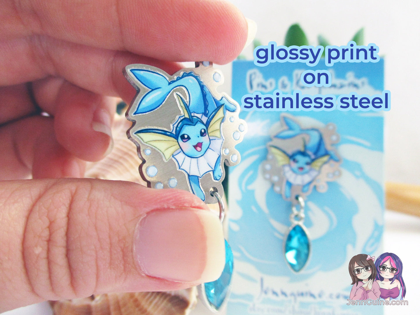 Vaporeon Eco Stainless Steel Metal Pin with Blue Crystal - Not Enamel Pin - Limited Quantity - Please read description
