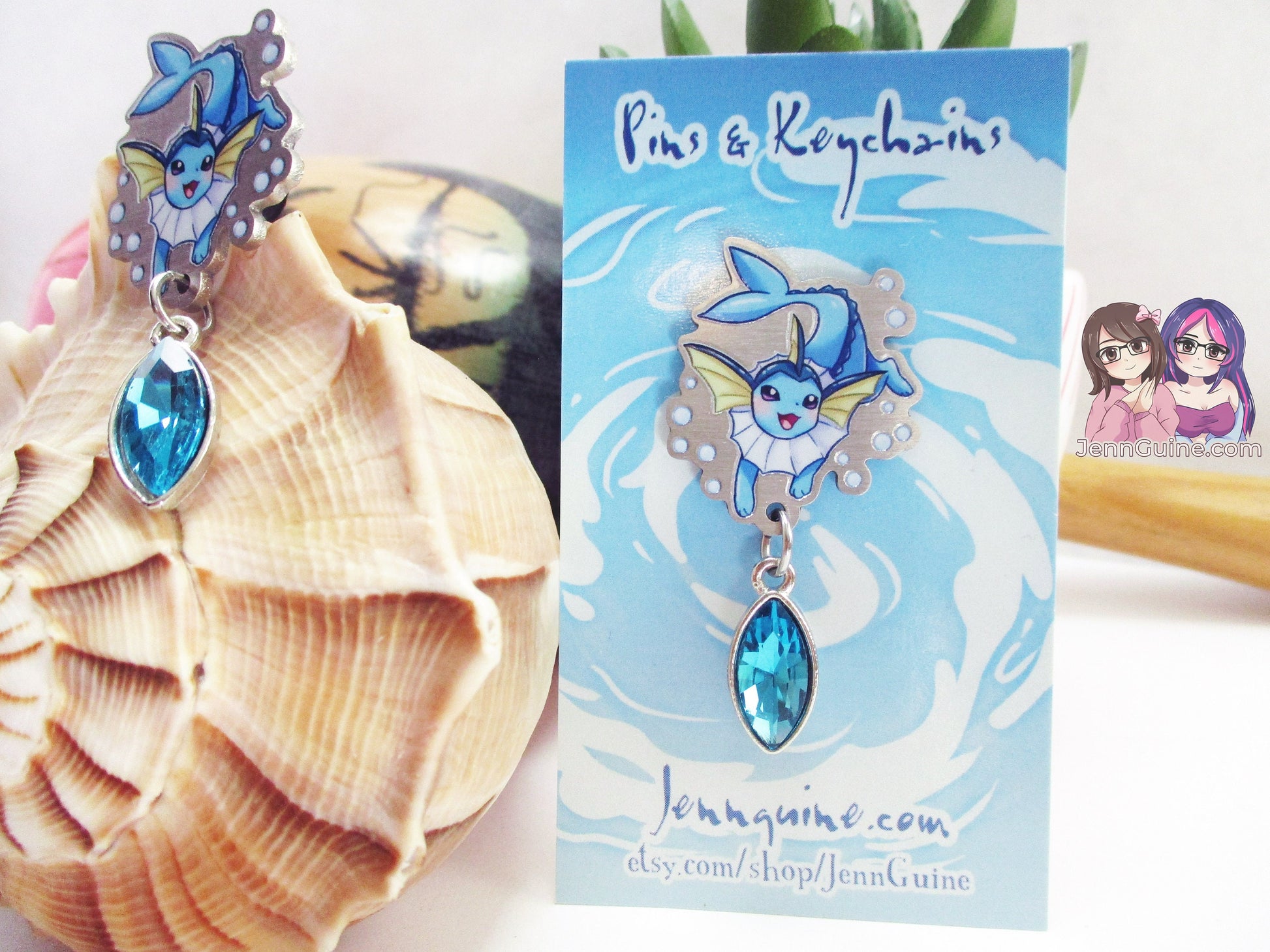 Vaporeon Eco Stainless Steel Metal Pin with Blue Crystal - Not Enamel Pin - Limited Quantity - Please read description