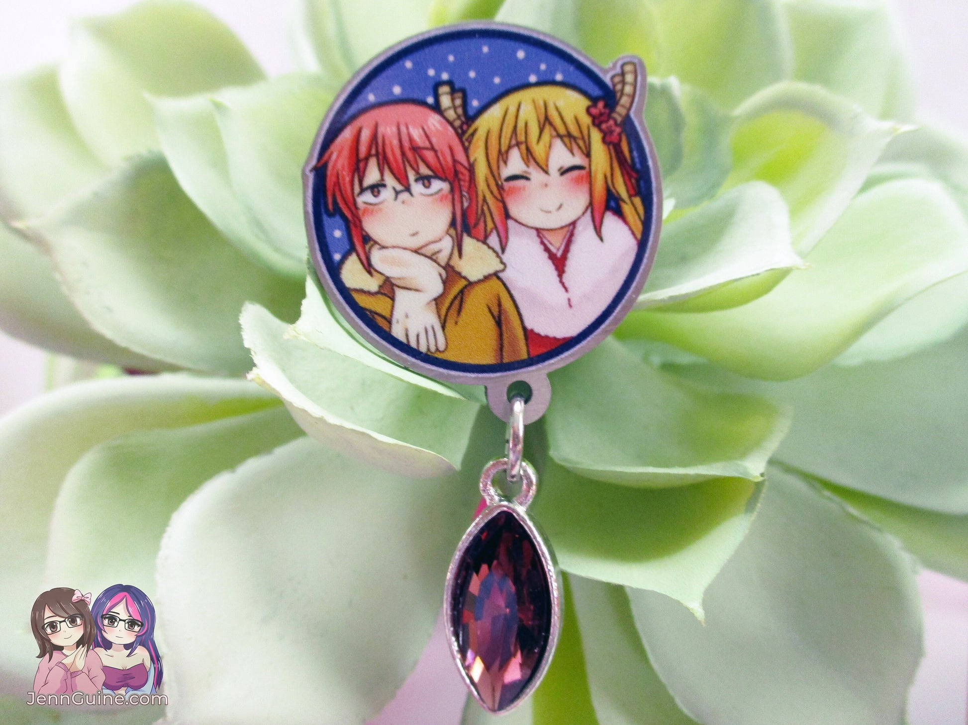 Tohru and Miss Kobayashi Eco Stainless Steel Metal Pin with Brown Crystal - Not Enamel Pin - Limited Qty - Please read description