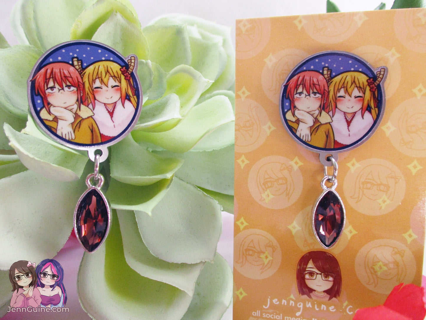 Tohru and Miss Kobayashi Eco Stainless Steel Metal Pin with Brown Crystal - Not Enamel Pin - Limited Qty - Please read description