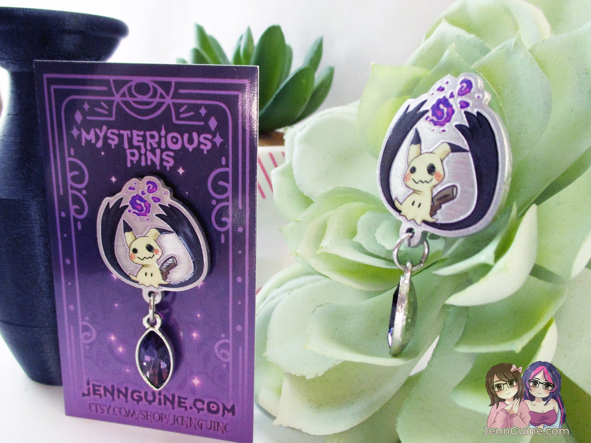 Mimikyu Ghost PKMN Spooky Halloween Eco Stainless Steel Metal Pin with Blue Crystal - Not Enamel Pin - Limited Qty - Please read description