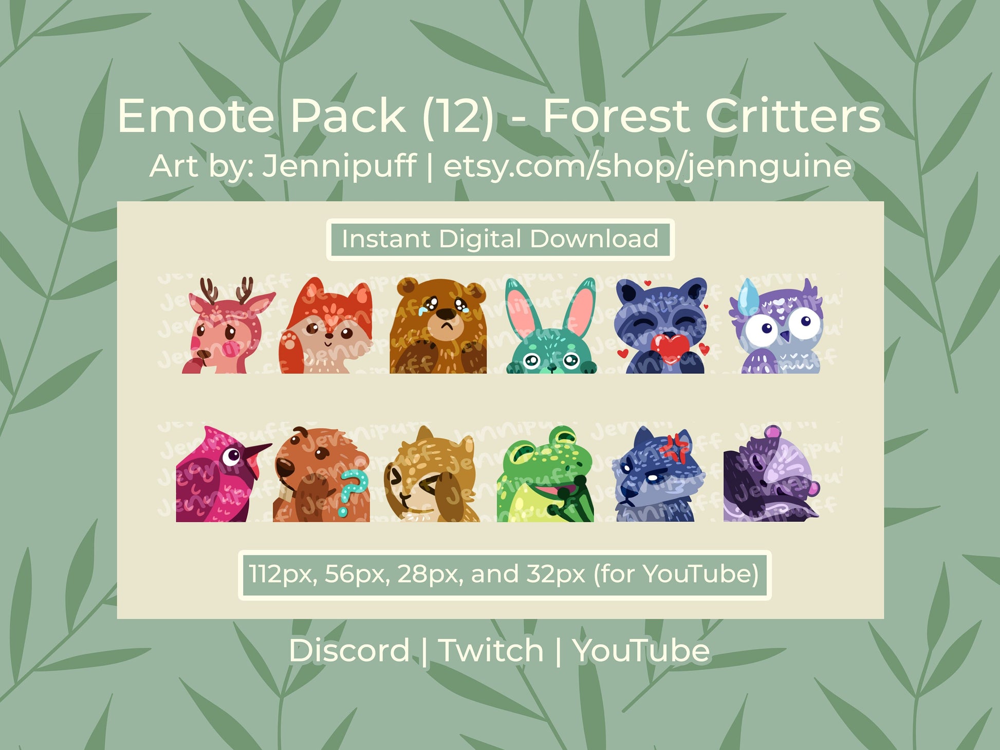 Unique Cool Art Style Emotes ~ Cute Kawaii Forest Animals, Pack of 12, Cottagecore Woodland Critters Emotes for Twitch, Discord, YouTube