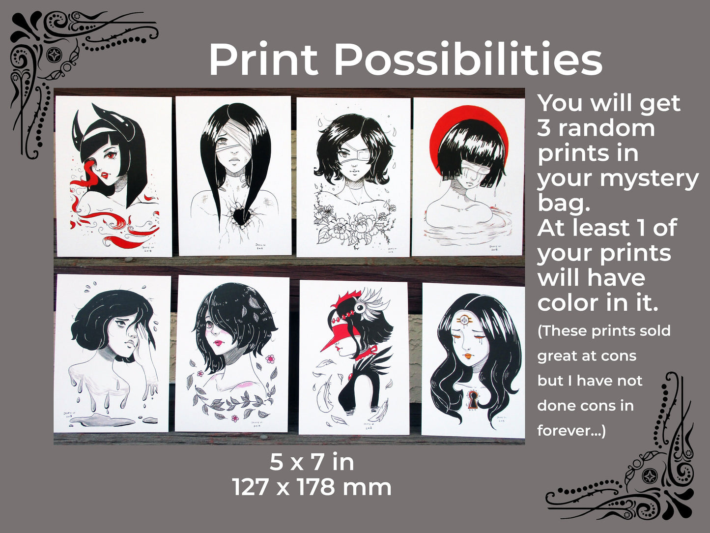 Ink Mystery Bag, Grab Bag, Mix of Keychains and Prints - Inktober Theme (original characters, gothic), Mystery Box