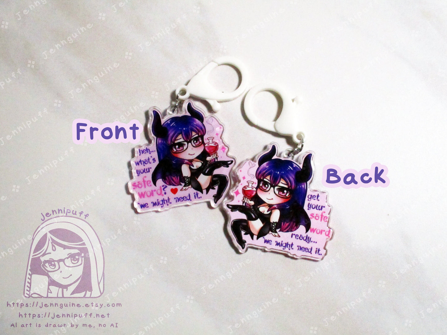 Acrylic double sided keychain with a chibi pink and purple succubus holding a love potion. There is lewd text on the front and back, the text is slightly different. This photo shows the front and back of the keychain.
