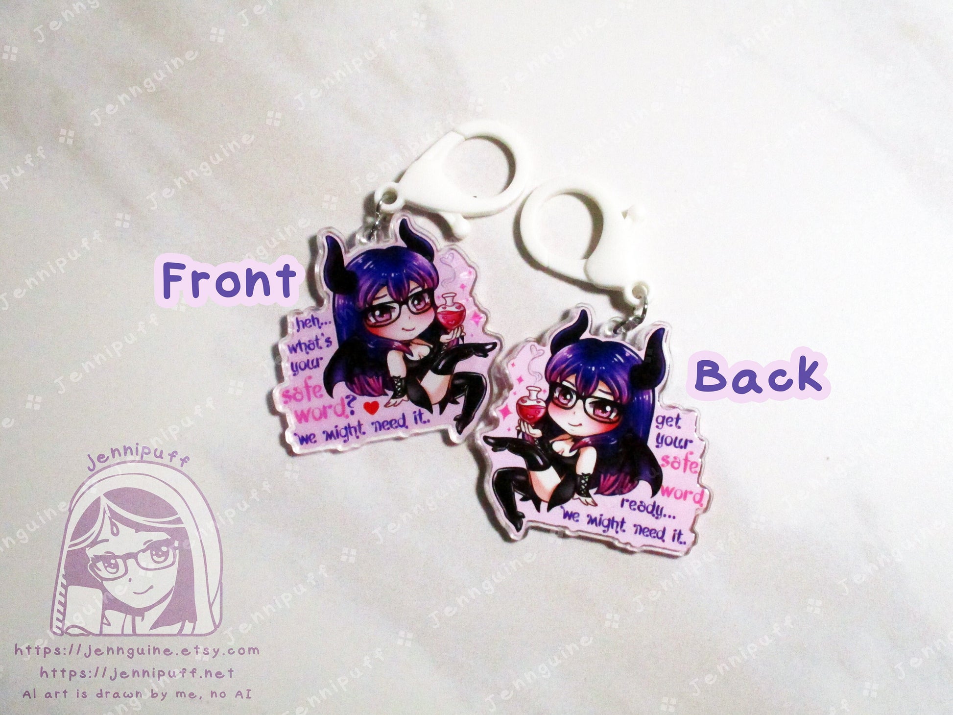 Acrylic double sided keychain with a chibi pink and purple succubus holding a love potion. There is lewd text on the front and back, the text is slightly different. This photo shows the front and back of the keychain.