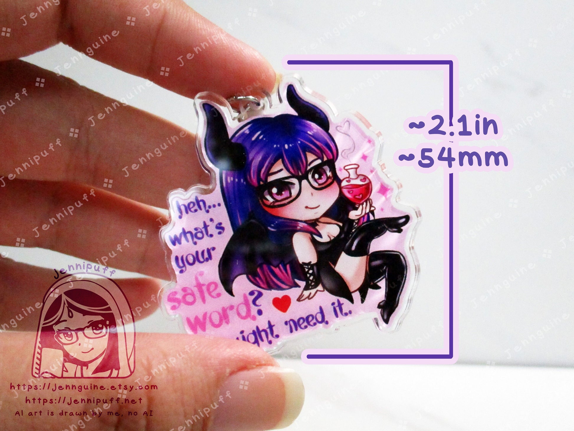 Safe Word Succubus Double Sided 2in Acrylic Keychain with White Plastic Finding, Cute Kawaii Naughty Lewd Horns Potion Original Character