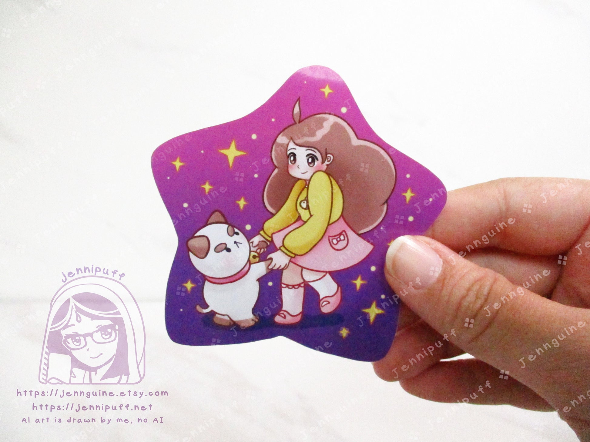 Bee and Puppycat Dancing Together 3in Die-Cut Vinyl Sticker Cute Kawaii Pink Purple Stars Decal 3x3in Star-Shaped