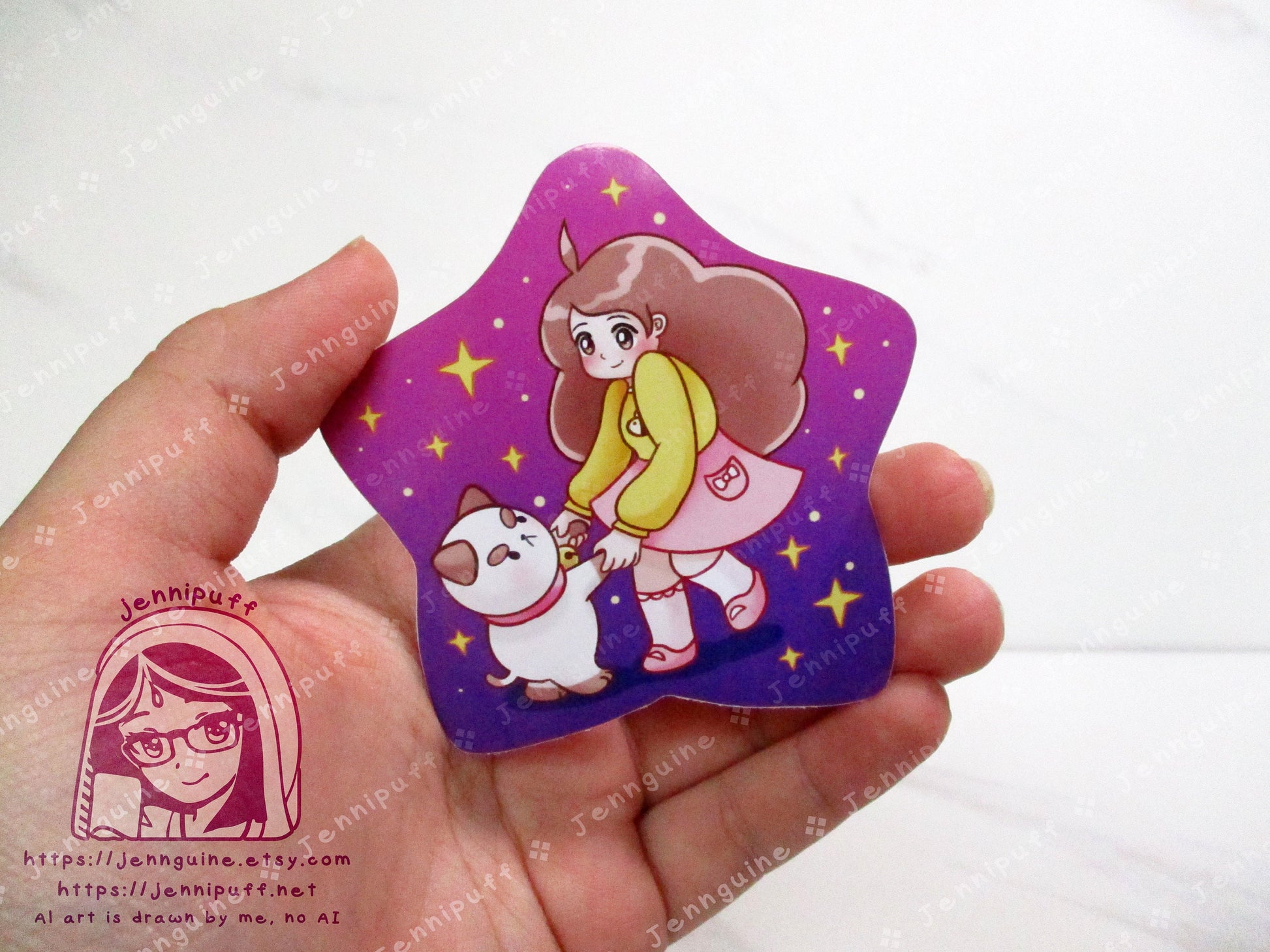 Bee and Puppycat Dancing Together 3in Die-Cut Vinyl Sticker Cute Kawaii Pink Purple Stars Decal 3x3in Star-Shaped
