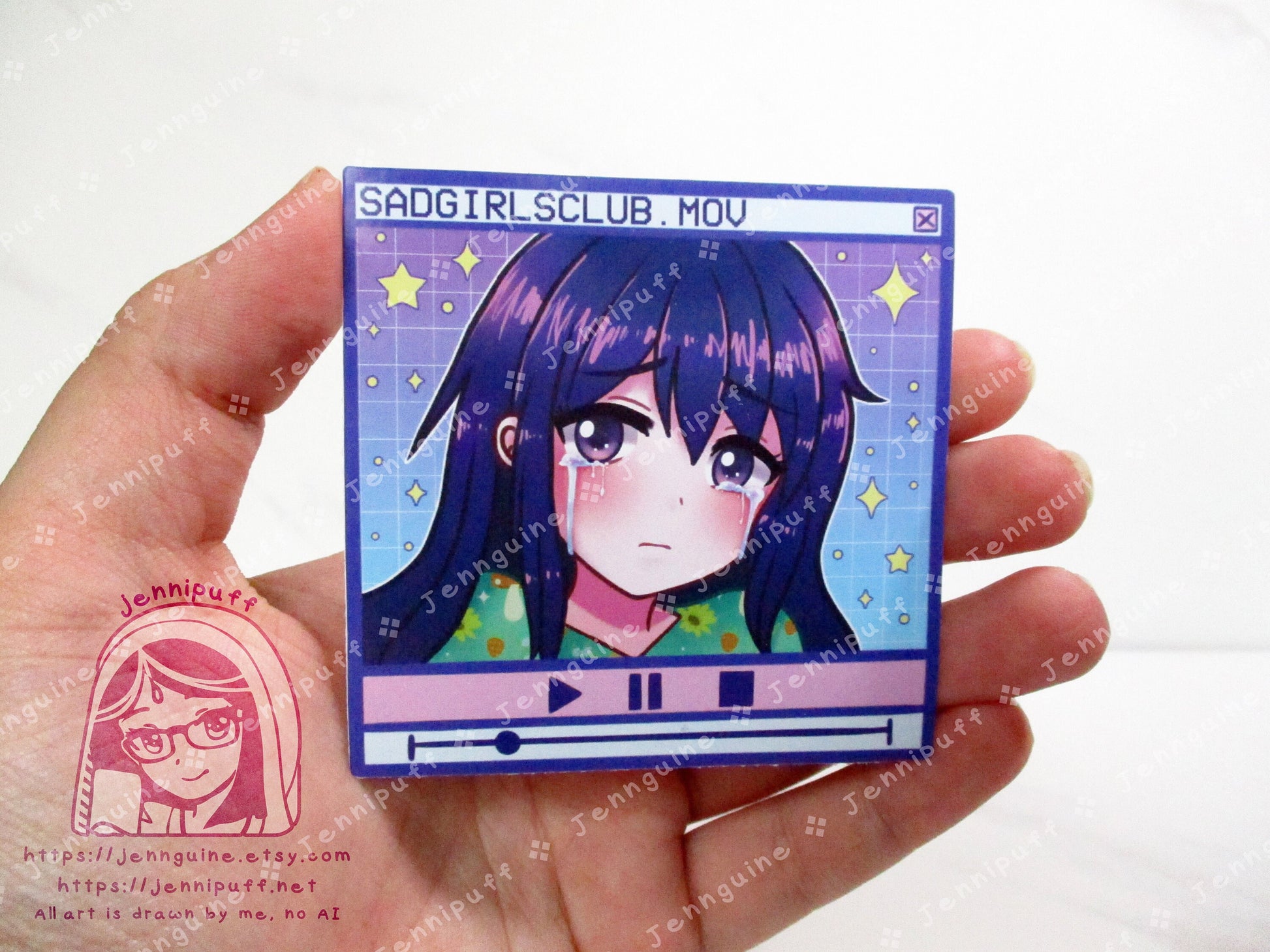 Sad Girls Club Vaporwave 3in Die-Cut Vinyl Sticker Cute Kawaii Retrowave Y2K Style Decal 3x3in Original Character Blue Purple Aesthetic