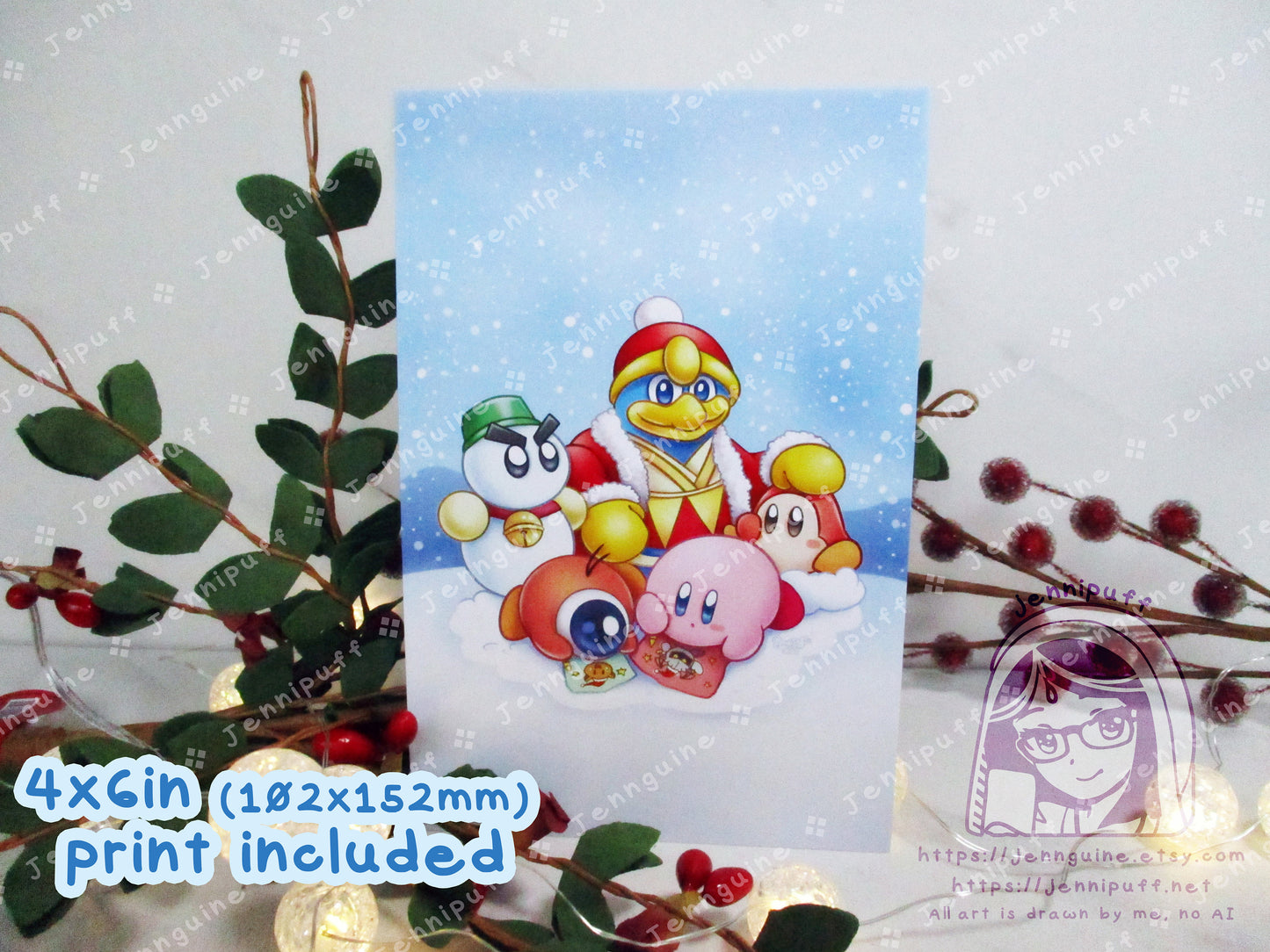 Kirby Wooden Christmas Ornament | Comes with 4x6in Print | Kirby, WaddleDoo, WaddleDee, Chilly, King Dedede Holiday Ornament Decoration Gift