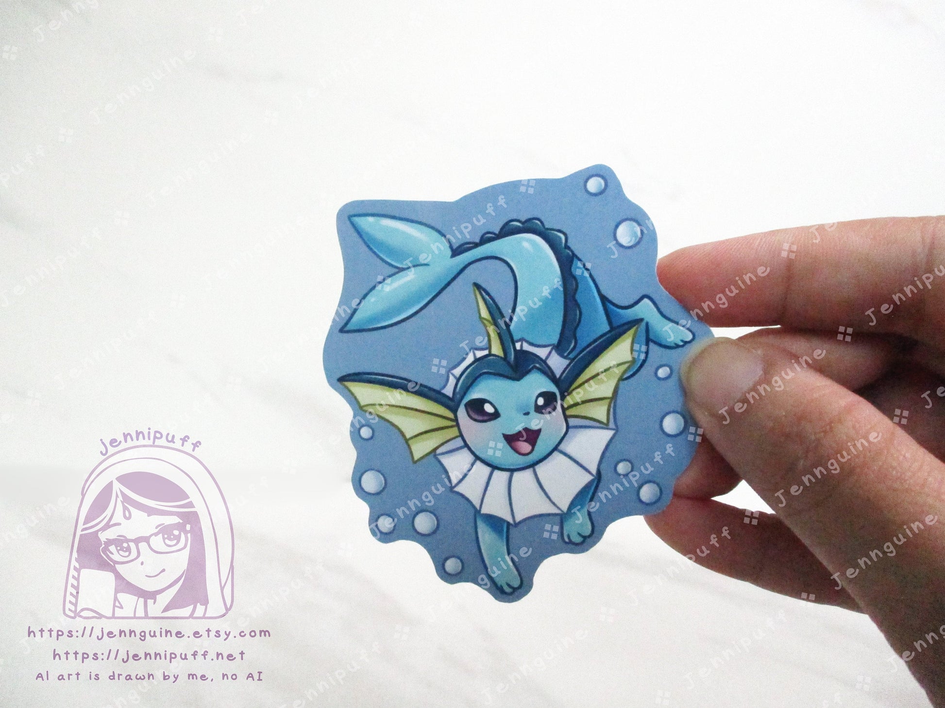 Vaporeon Blue 3in Die-Cut Vinyl Sticker PKMN Water Type Eeveelution Swimming Underwater Kawaii Cute Pokemone Pokeman Gift Present 3x3in