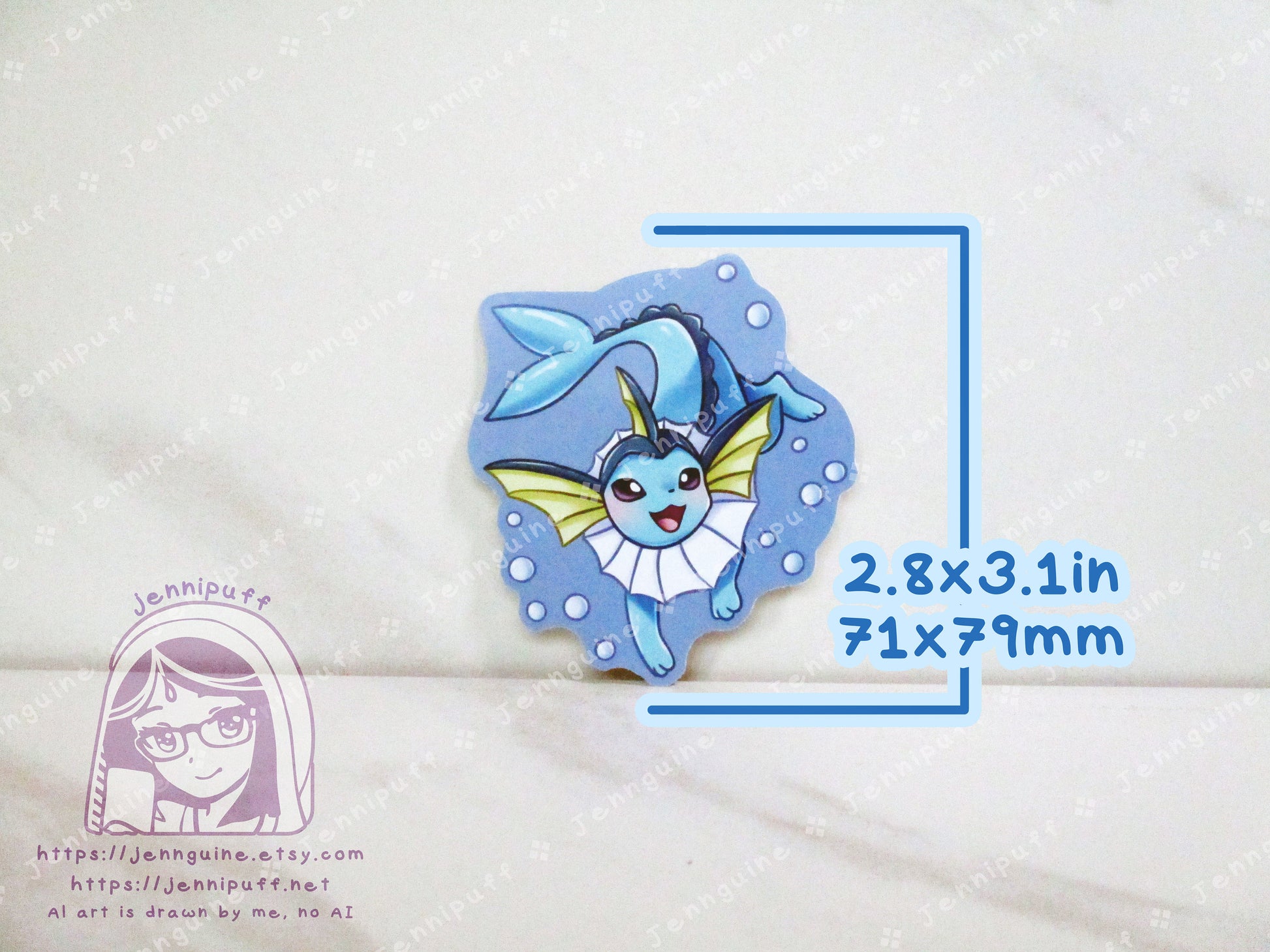 Vaporeon Blue 3in Die-Cut Vinyl Sticker PKMN Water Type Eeveelution Swimming Underwater Kawaii Cute Pokemone Pokeman Gift Present 3x3in