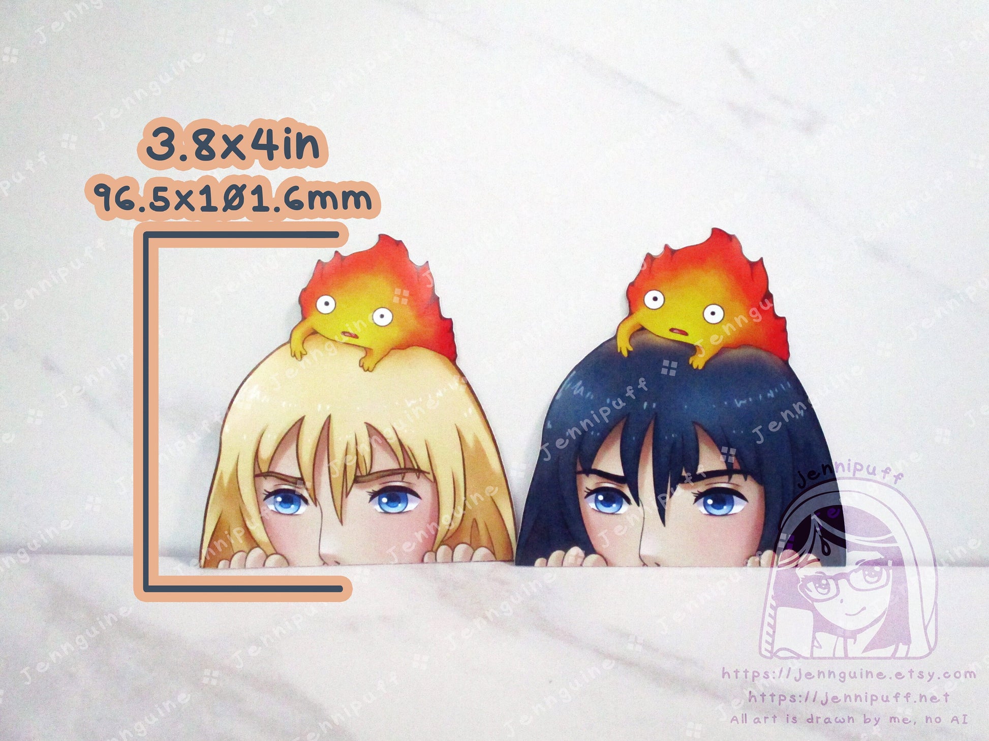 Hówl and Sophie Móving Castle Ghíblí 4in Peeker Peeking Sticker Die-Cut Decal Cute Kawaii Anime Gift Peek Calcífer Light Hair Dark Hair