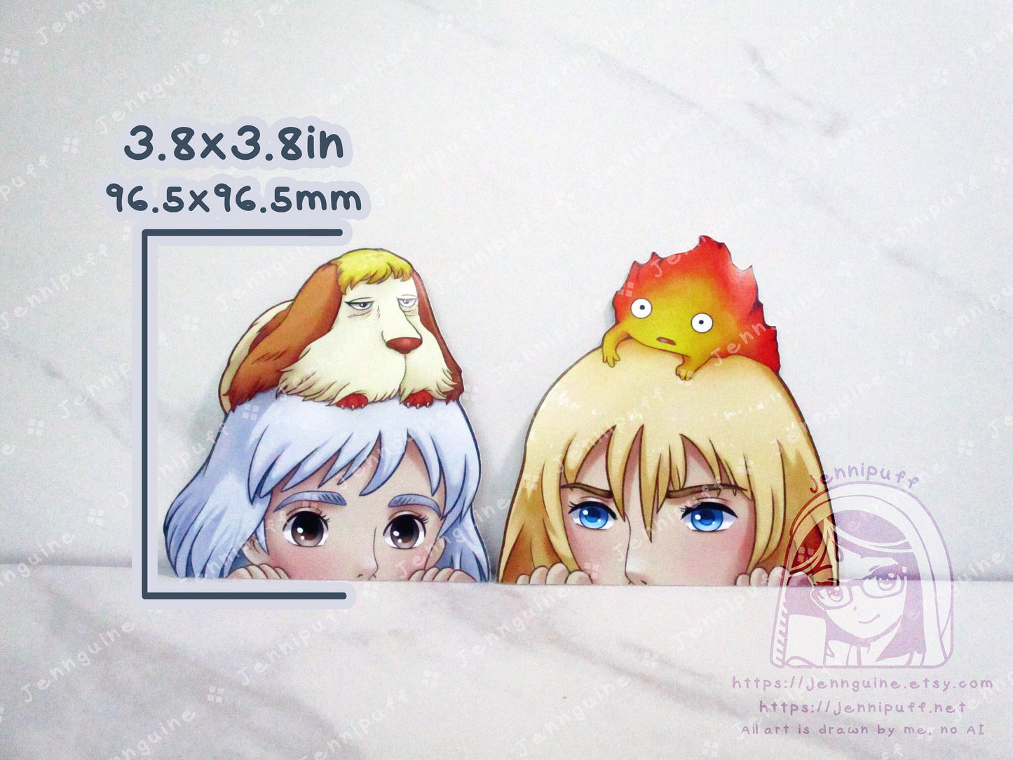 Hówl and Sophie Móving Castle Ghíblí 4in Peeker Peeking Sticker Die-Cut Decal Cute Kawaii Anime Gift Peek Calcífer Light Hair Dark Hair
